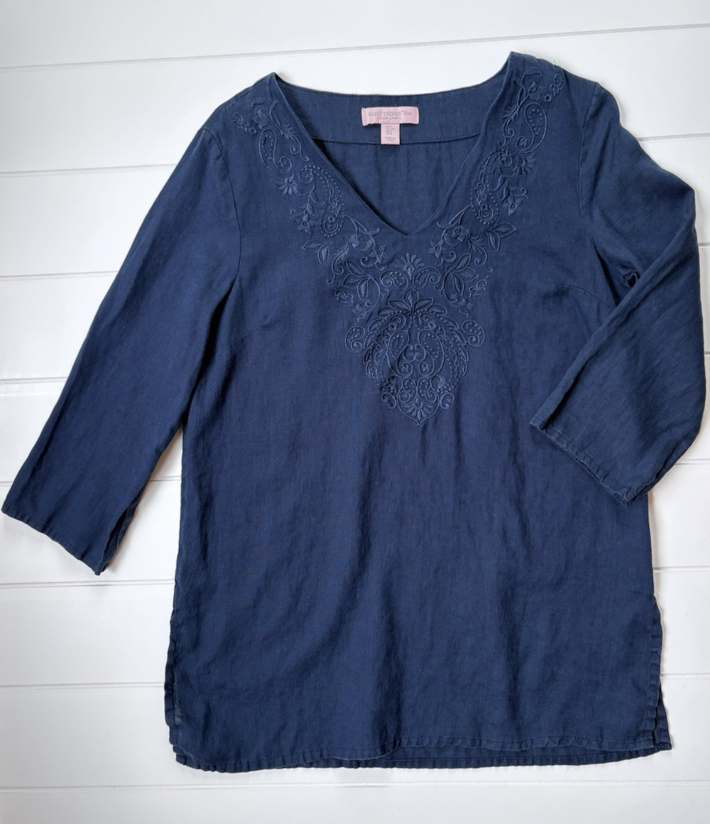 Saint Tropez West 100% Linen Navy Floral Embroidered V-Neck Tunic Top Size Small